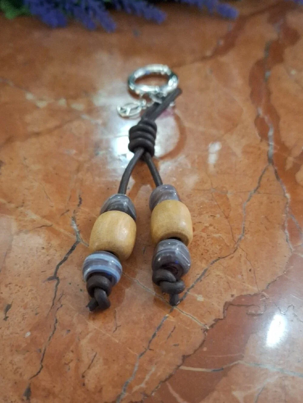 Beaded Leather Keychain with Peace Charm - Brown, Beige, Gray